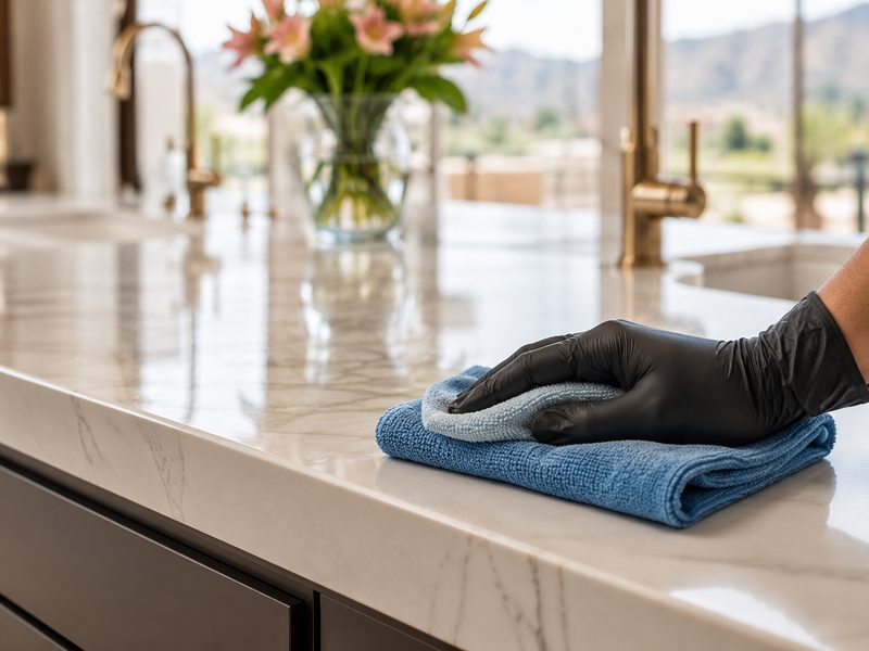 Gloved hand polishing a marble countertop